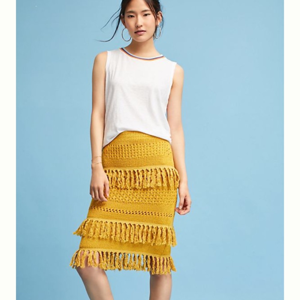 Anthropologie mustard yellow fringe skirt.